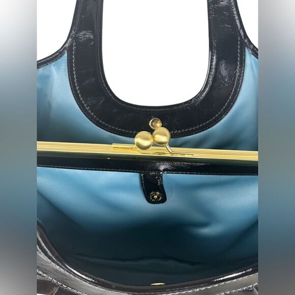 Vintage Pristine Coach Ergo Pleated Frame Kiss Lock Blk Patent Leather Satchel - Picture 8 of 12